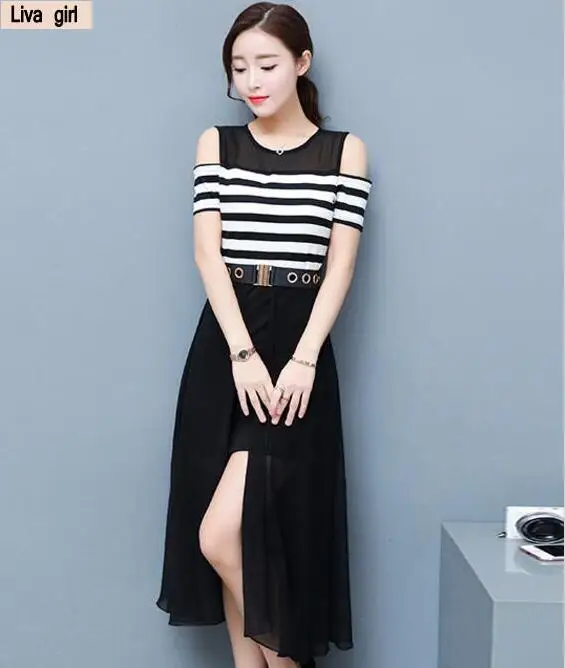 Wholesale fashion women stripes chiffon dress stitching A word long | Женская одежда