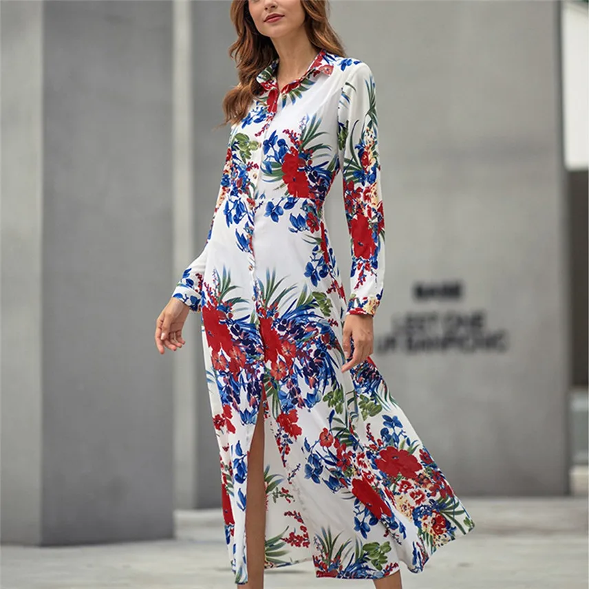 Женское платье Vestido 2019 модное для отдыха с длинным рукавом в богемном стиле
