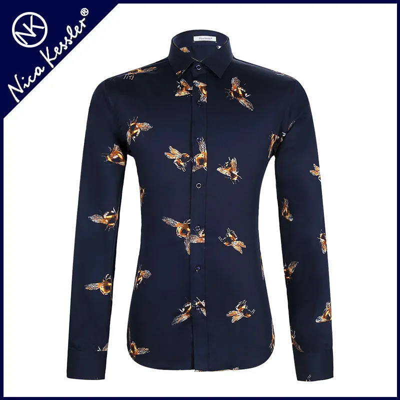 2019 Мужская рубашка с принтом приталенная длинным рукавом модная moda hombre