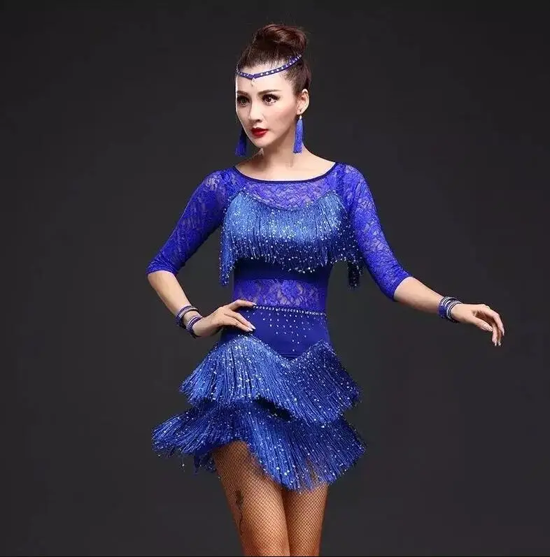 Blue Long sleeve new Girls Kids adult Modern Ballroom Latin Dance Dress tassel Fringe Salsa Tango Dance Wear Black Performance Stage Wear - Цвет: Blue Long sleeve