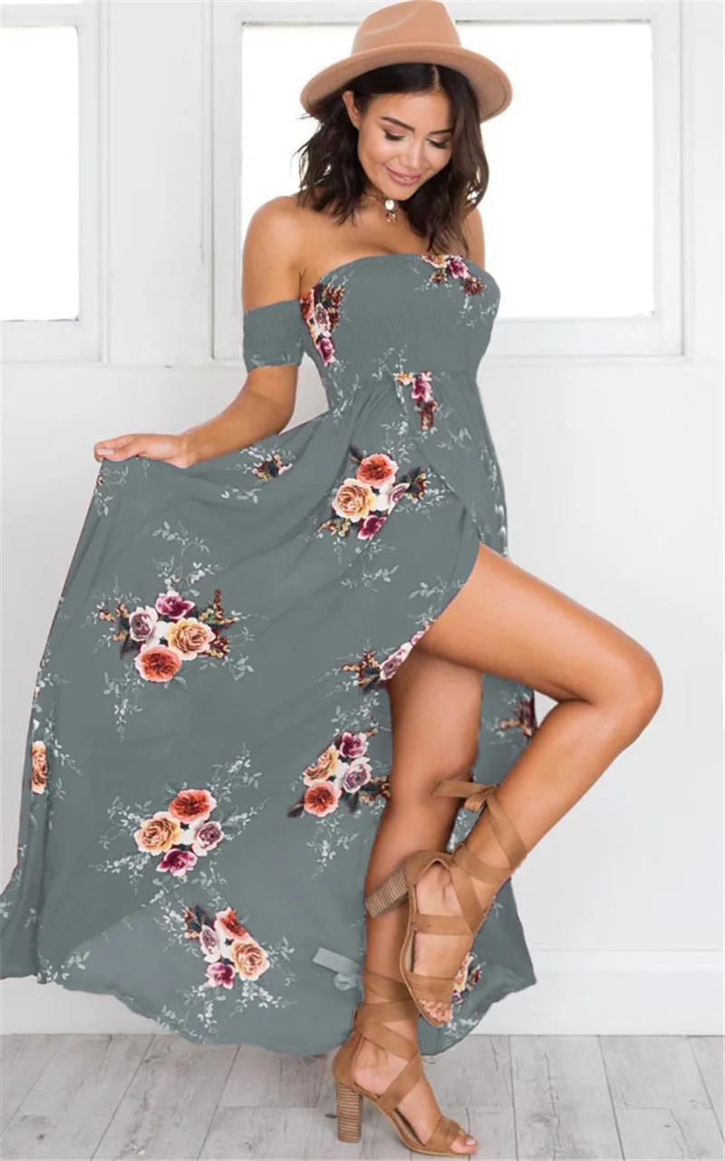 Boho Стиль длинное платье Для женщин топ с открытыми плечами летние платья Цветочный принт элегантное шифоновое белое платье Maxi dress Vestidos