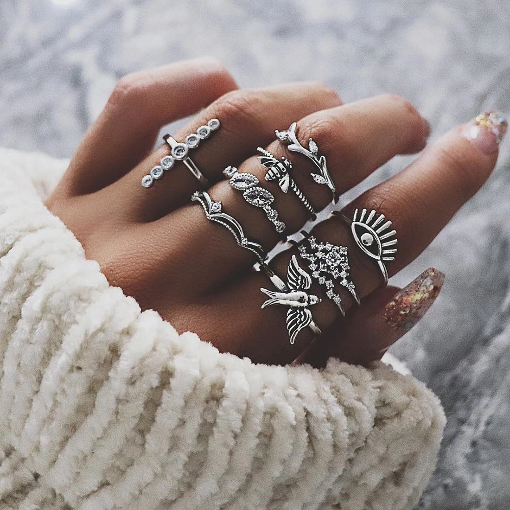 9Pcs/Set Vintage Bee Swallow Ring Set With Stone Silver Color Phalanx Women's Rings Boho 2020 Trend Midi Knuckle Gift Jewelry |