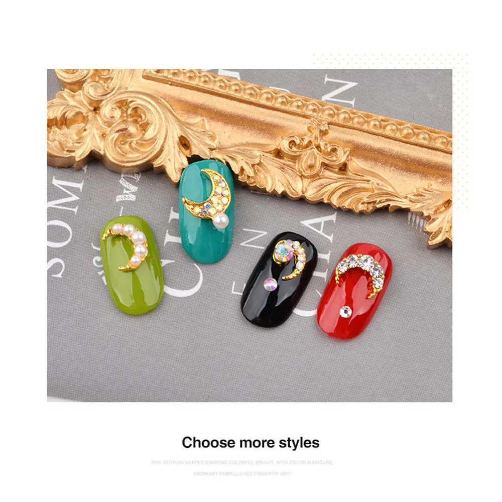 

Crescent Moon Design Nail Art Decorations Gold Color Jewelry And Shiny Crystal Rhinestone Gem 3D DIY Hollow Manicure Accessories