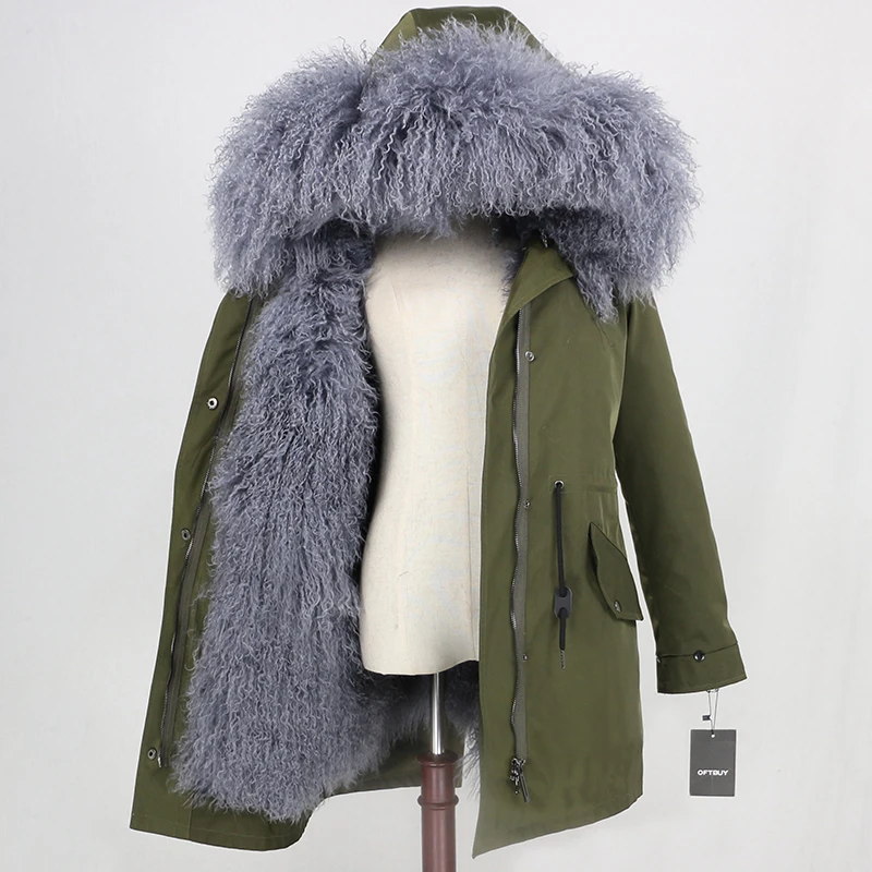 green grey OFTBUY,, настоящая монгольская овечья шерсть, пальто, женская длинная парка, зимняя куртка, съемная, водонепроницаемая, верхняя одежда, роскошный бренд, уличная одежда - Цвет: green grey