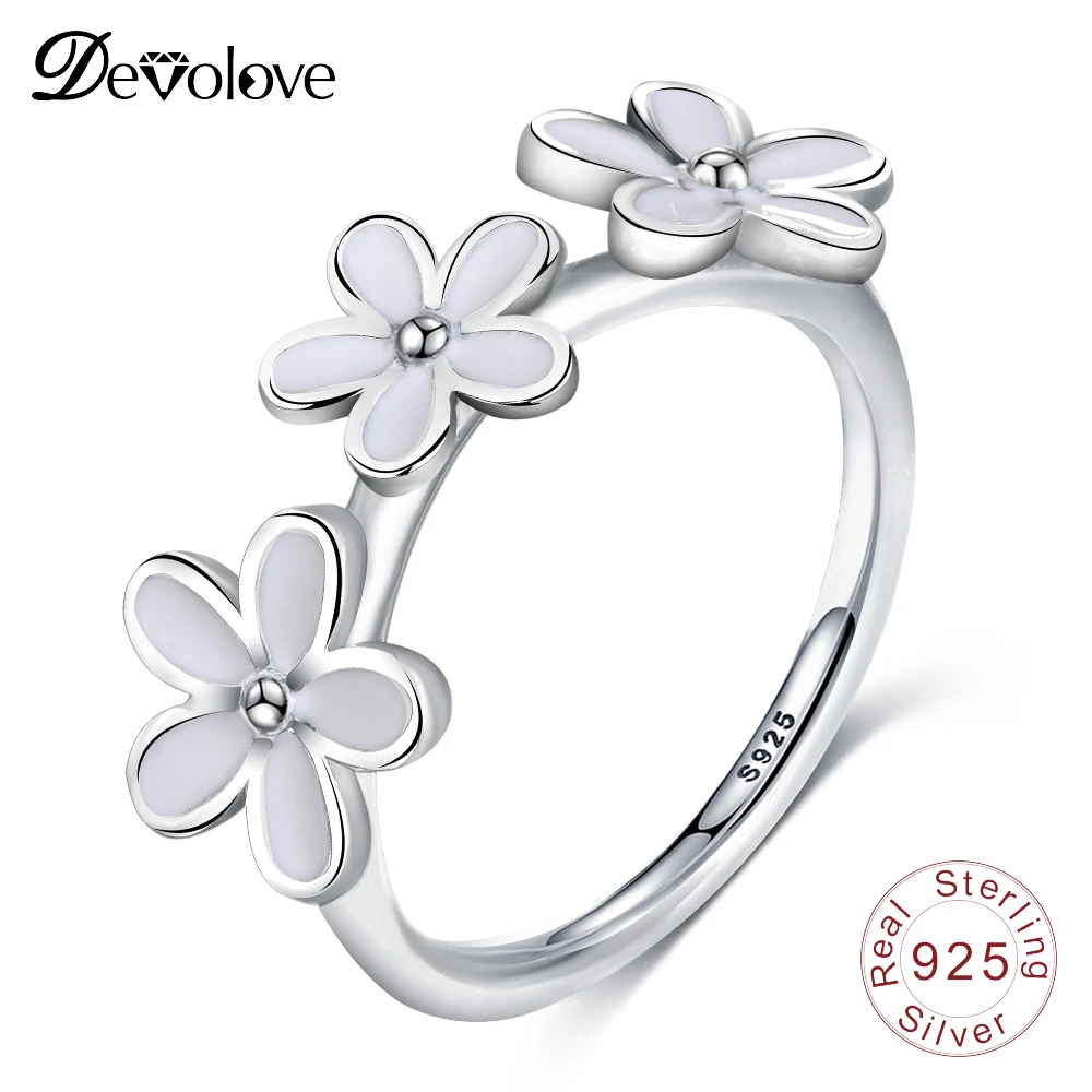 DEVOLOVE 925 пробы серебряные цветы Обещание Кольца для Для женщин белой эмалью Модные