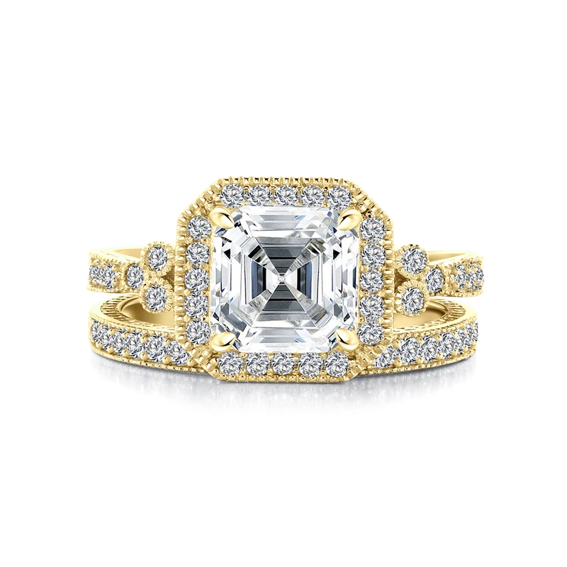 AINUOSHI 3 карата огранка камня «asscher Cut» Halo Кольцо Набор обручальное кольцо с искусственным бриллиантом Свадебный набор серебряных колец ювелирные изделия для женщин