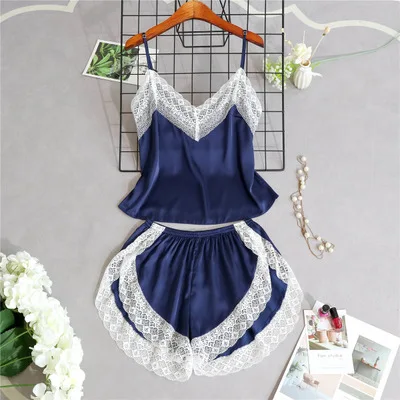 navy blue Daeyard Шелковая пижама для женщин с шортами сексуальное женское белье с кружевной отделкой комплект из 2 предметов летняя атласная пижама набор ночная рубашка - Цвет: navy blue