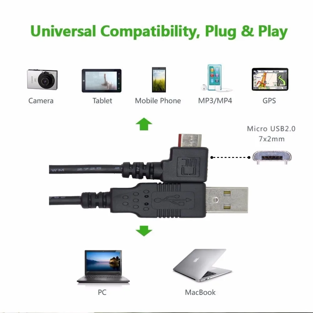 2 шт. кабель Micro USB к штекер зарядный 1 м прямоугольный 90 градусов для камеры
