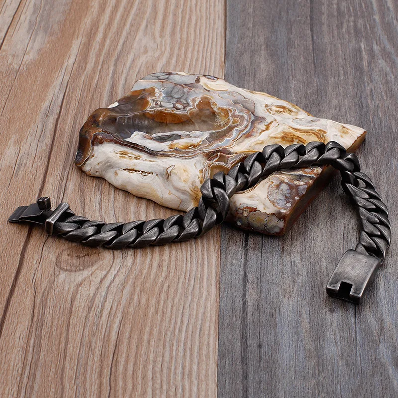 

New Arrival Fashion Men Curb Bracelets Black Stainless Steel Link Cuban Curb Wide Chain Bracelets Jewelry For Christmas Gift