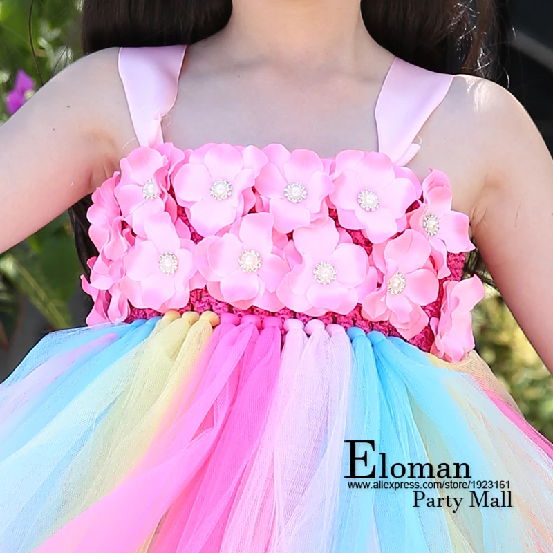 

Eloman 100% handmade tutu dress for girl birthday party princess rainbow flower girls dresses for wedding and event parties