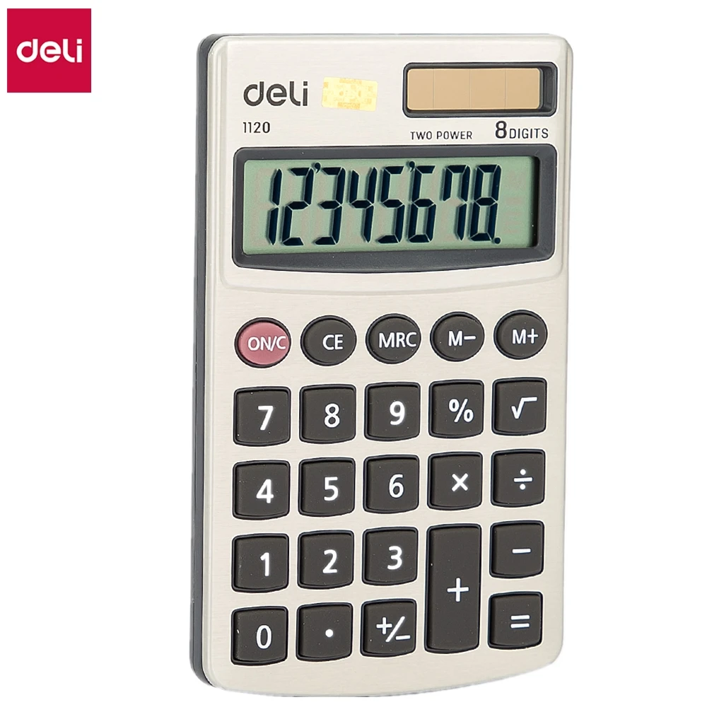 Deli E1120 Mini Calculator Metal Pocket Calculator 8-digit Cover Battery &Solar Dual Power hand carry business office stationery