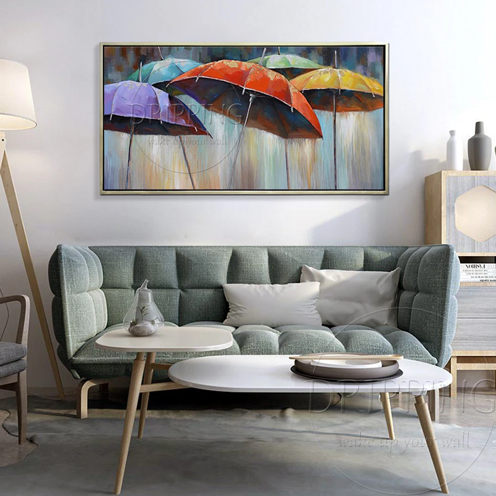 Artist Hand-painted Romantic Rainy Day Colorful Umbrella Oil Painting On Canvas Modern Picture for Bedroom | Дом и сад