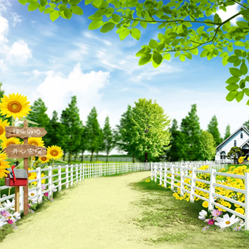 

Beautiful Garden Plants White Fence Photography Backdrops Green Tree Sunflower Road Backgrounds for Photo Studio 150cm*200cm