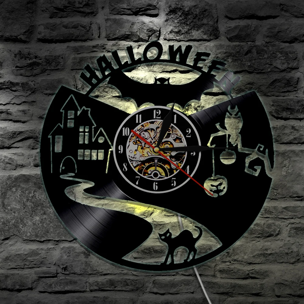  Bat Halloween Vinyl Clock Wall Light Led Vintage LP Record Handmade Gift Decorative Lamp Creative Silhouette Atmosphere