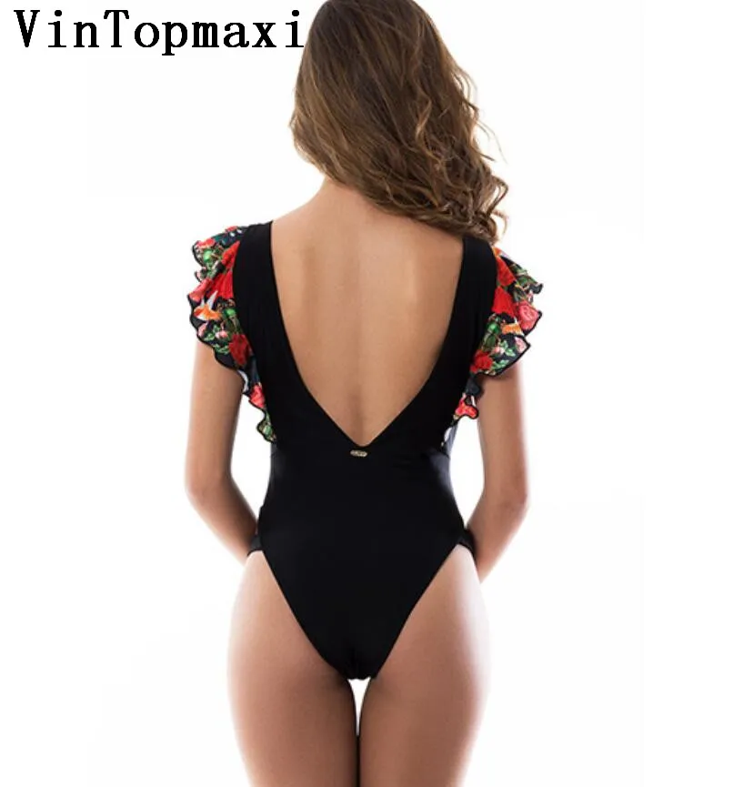 Женский купальный костюм с цветочным принтом и оборками на плечах глубоким v