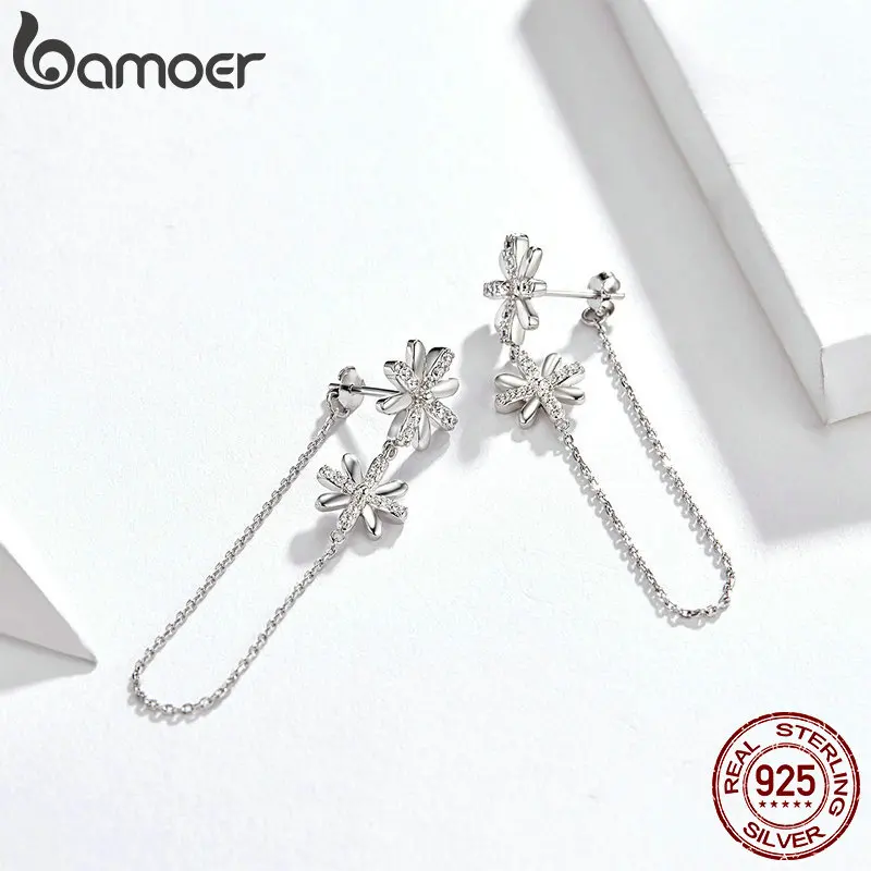 BAMOER серьги-капли с ромашками для девочек, Стерлинговое Серебро, 925 кристалл, цветок, подвеска на цепочке, женские серьги, режим, Brincos BSE089