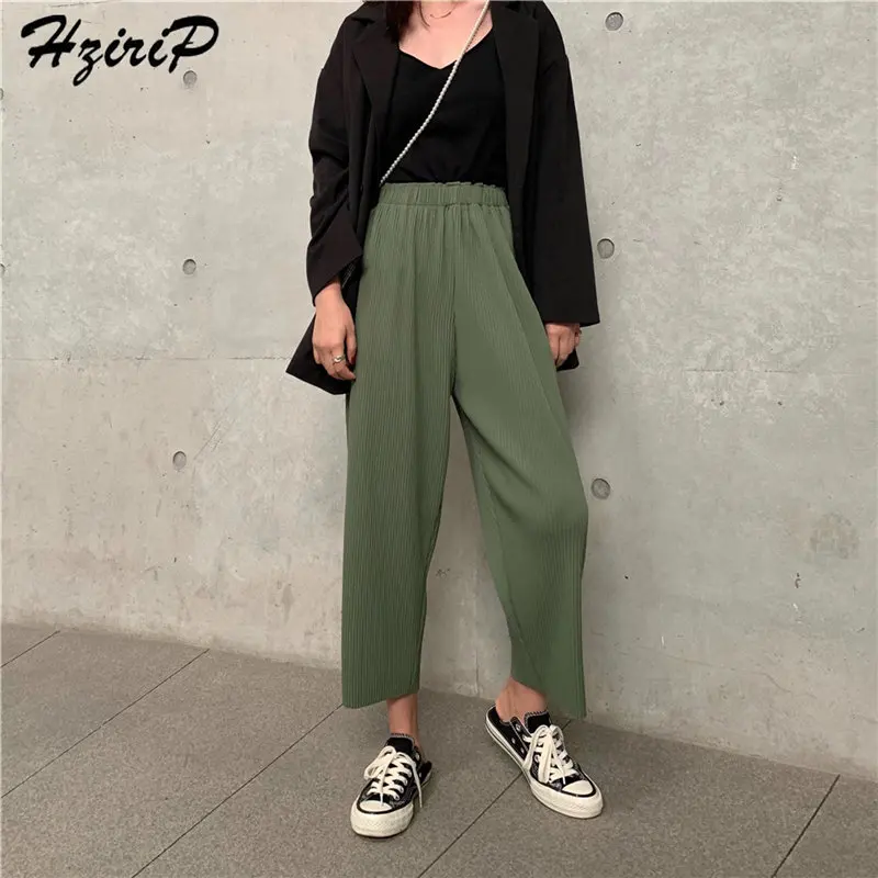 Hzirip 2019 Summer Women High Waist Casual Loose Elastic Pleated Fashion Solid Wide Leg Pants | Женская одежда