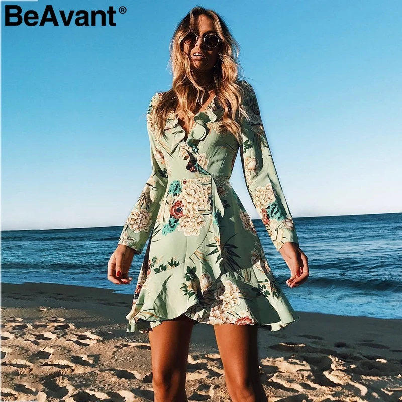 Женское платье с оборками BeAvant сексуальное мини v образным вырезом летнее длинным