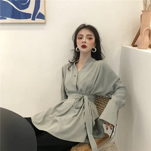 2019 Retro Lazy Style Camisa Feminina Pure Color Tie Slim Waist V Neck Lace Up Top Medium Length Long Sleeves Shirt Loose |