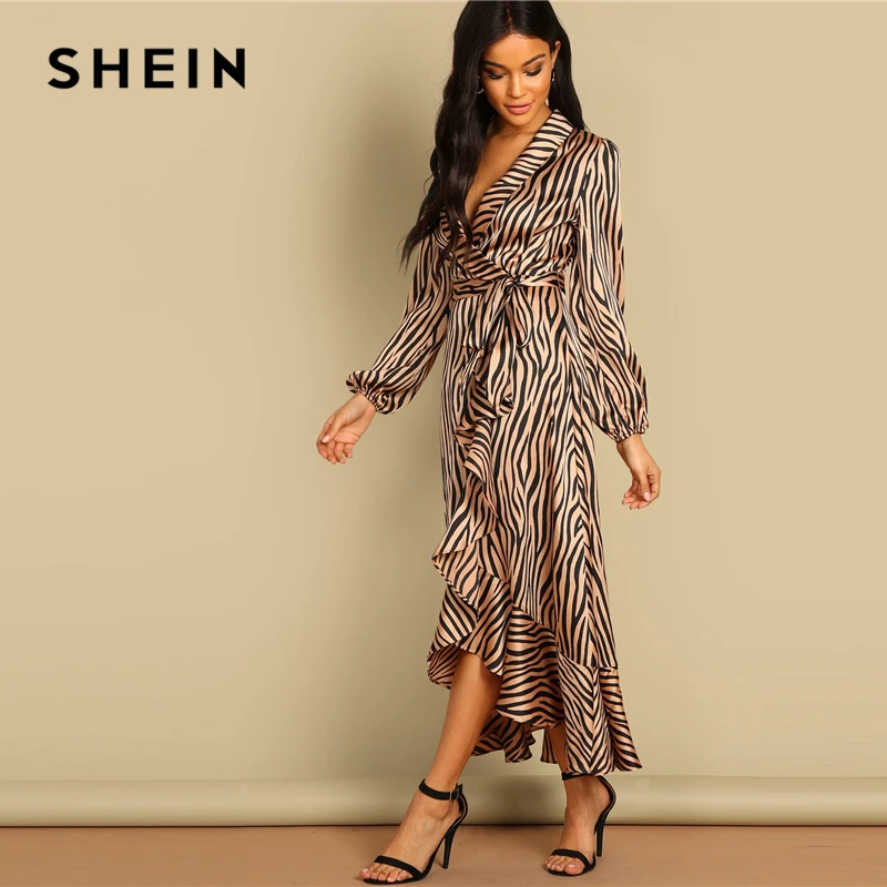 SHEIN Макси Платье С Анималистическим Принтом И Глубоким Вырезом, Элегантное Платье На Запах С Оборками