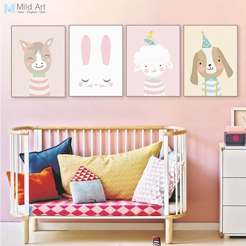 

Kawaii Pink Cartoon Animals Deer Bear Rabbit Poster Print Nordic Baby Kids Room Wall Art Picture Home Decoration Canvas Painting