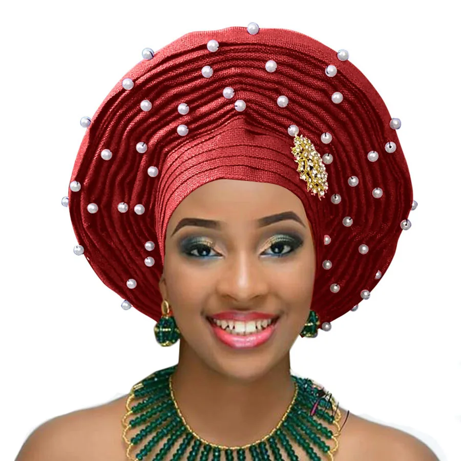 Африканский геле уже heatie Aso oke головной убор с бисером Африканский головной убор для женщин - Цвет: wine