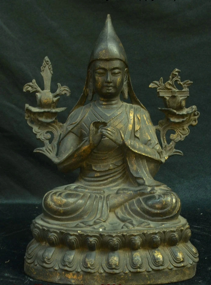 Древнетибетский буддизм Бронзовая позолота Je tsungkhapa Lama Tsong Khapa Будда статуя сидя |