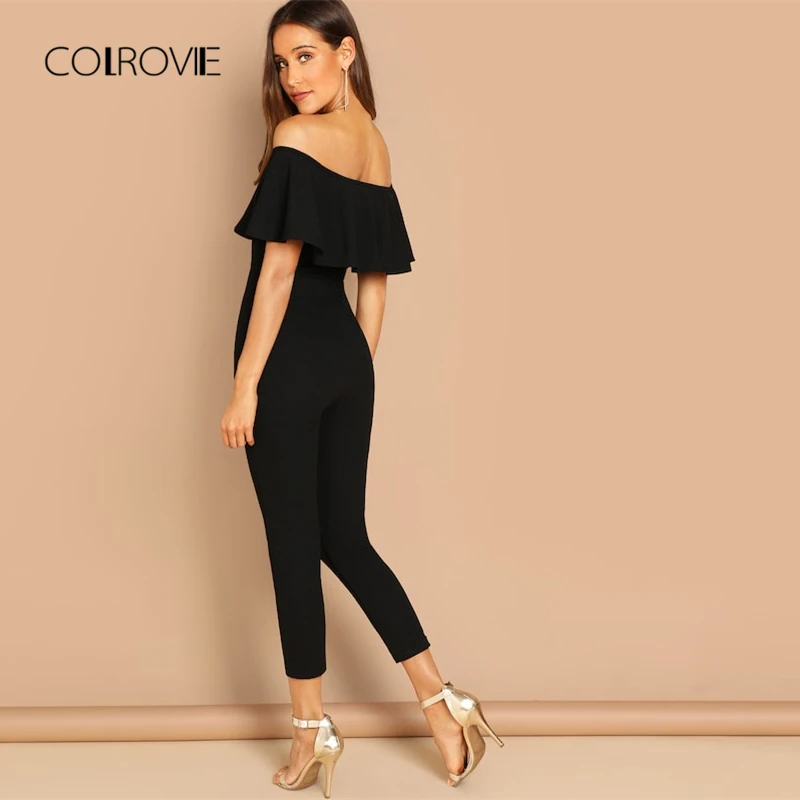 COLROVIE, черный, с открытыми плечами, с рюшами, сексуальная Облегающая рубашка, комбинезон, женский,, осенний, короткий рукав, для офиса, длинный комбинезон