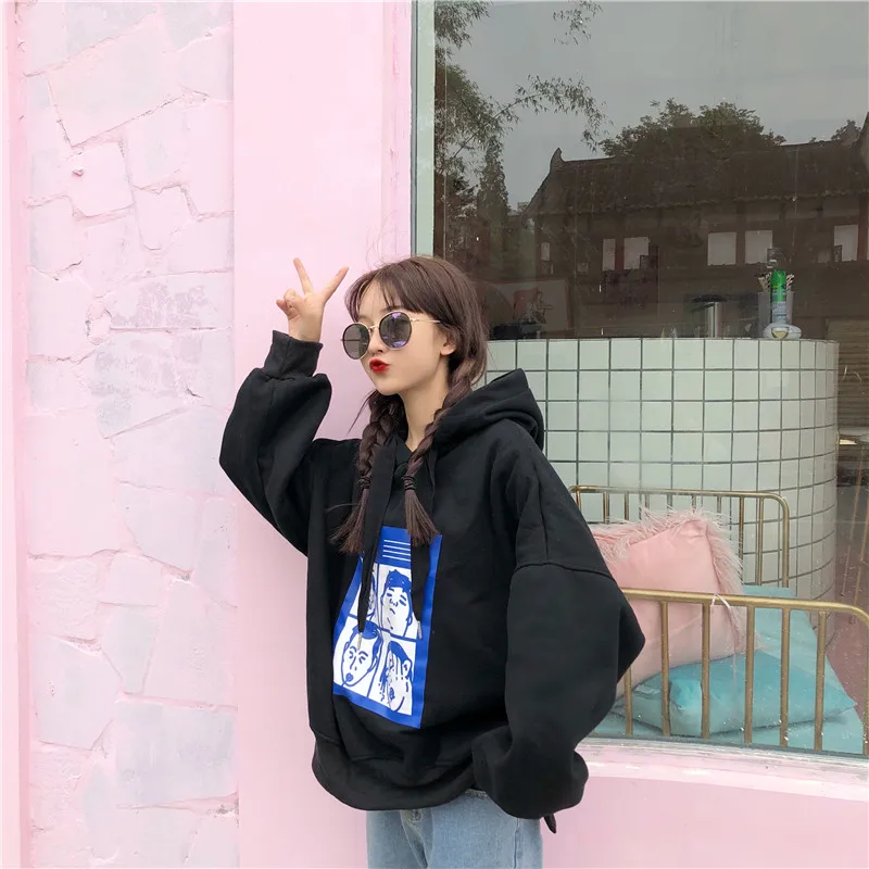 Женские толстовки с капюшоном и принтом Harajuku, свободные пуловеры с длинными рукавами, женские модные свитеры в Корейском стиле, модные свитеры
