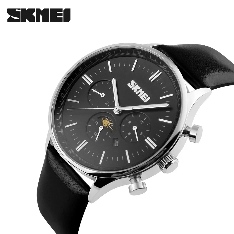 Фирменная новинка Мужские кварцевые часы Moon Phase Модные Аналоговые водостойкие наручные часы для делового мужчины кожа часы SKMEI 9117 - Цвет: black