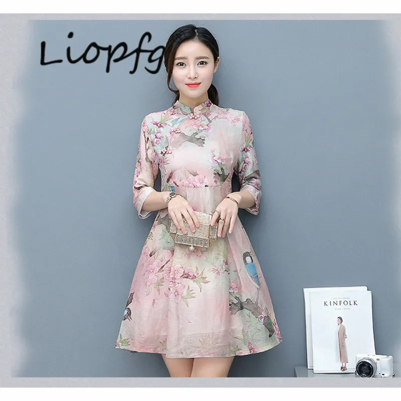2017 Лето новые женские с принтом в стиле ретро китайском изменение платье Ципао