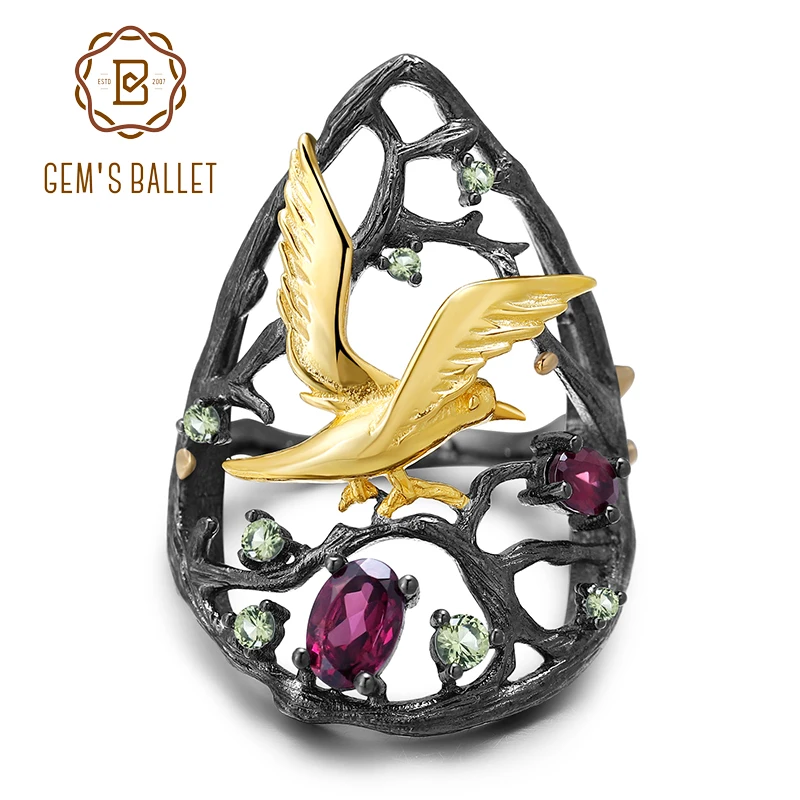 Gem балетки 0.85Ct натуральный гранатовый родолит птиц на дереве кольца 925 пробы