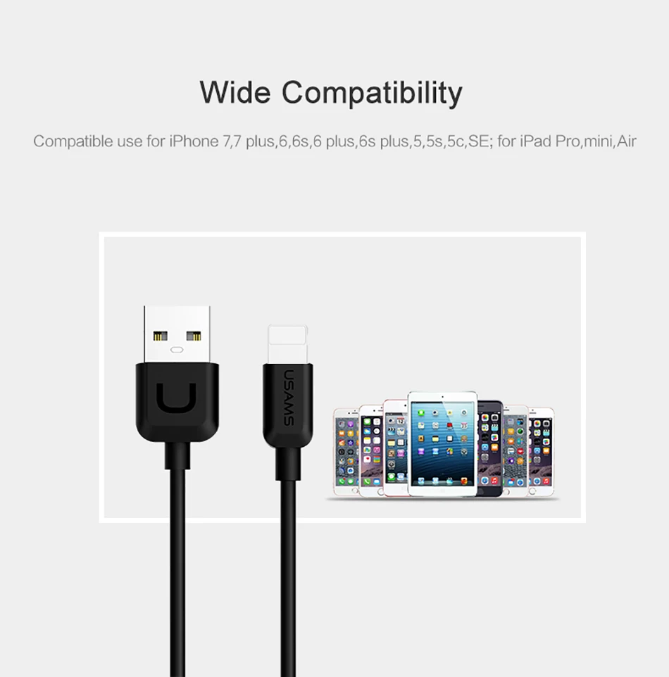 10 шт./партия Usb кабель для iPhone 8, USAMS 2A кабель для быстрой зарядки для iPhone 7 Дата кабель светильник usb поддержка кабелей IOS 11 10 9