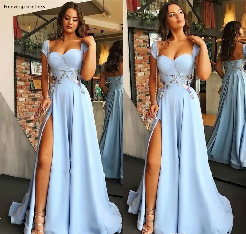 

Light Sky Blue Prom Dresses Cap Sleeves Appliques Formal Pageant Holidays Wear Graduation Evening Party Gowns Plus Size