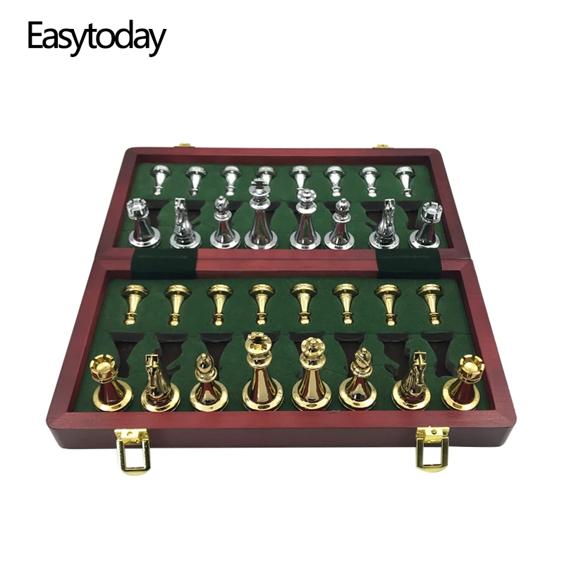 Easytoday Metal Glossy Golden And Silver Chess Pieces Solid Wooden Folding Chess Board High Grade Professional Chess Games Set