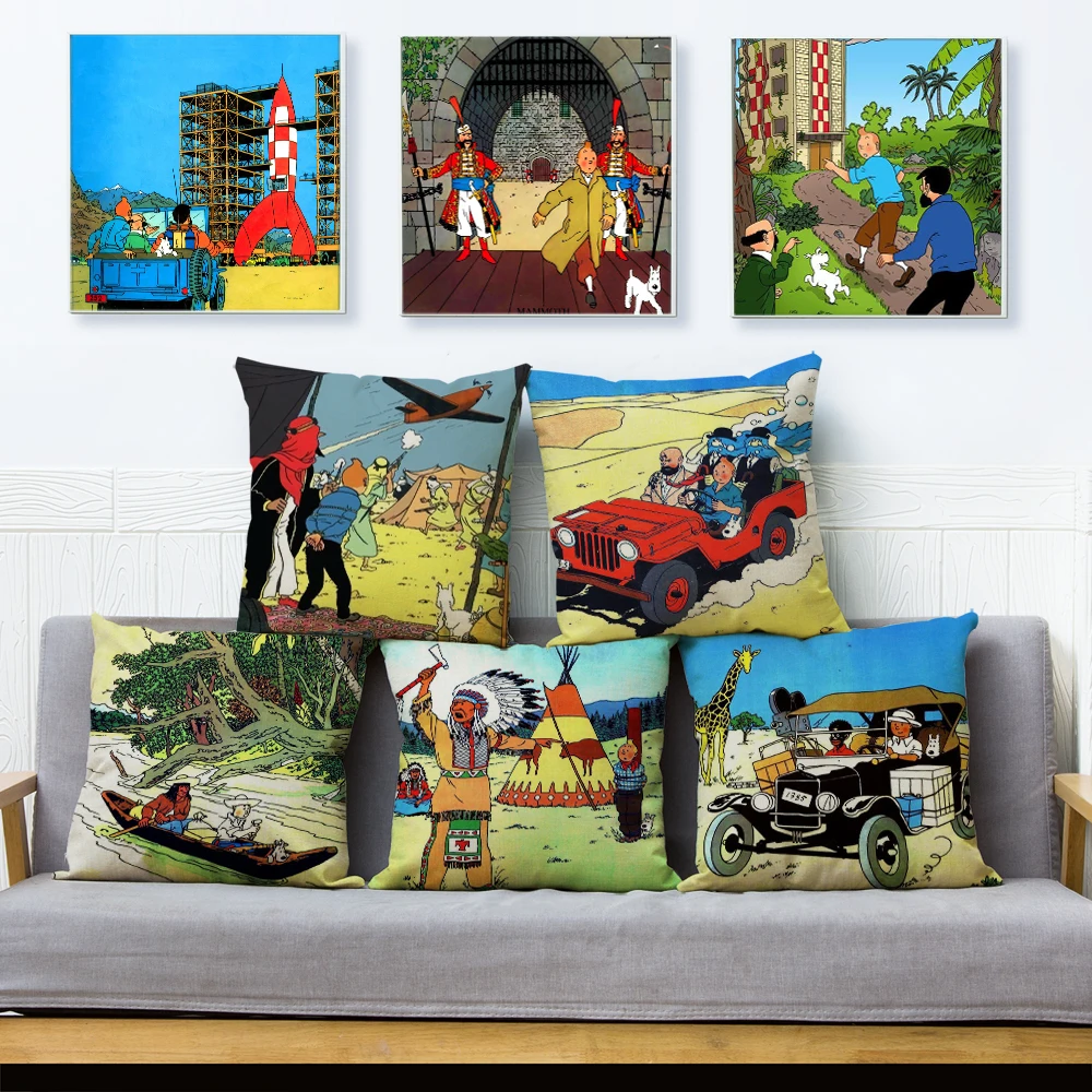 

The Adventures of Tintin Print Throw Pillow Cover 45*45cm Textile Cushion Cover Linen Pillow Case Sofa Home Decor Pillows Cases