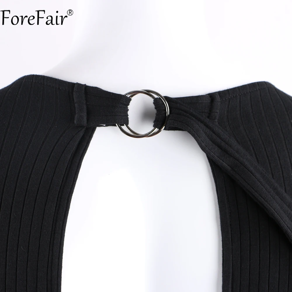 Женский трикотажный комбинезон с открытой спиной ForeFair черный ребристый длинным