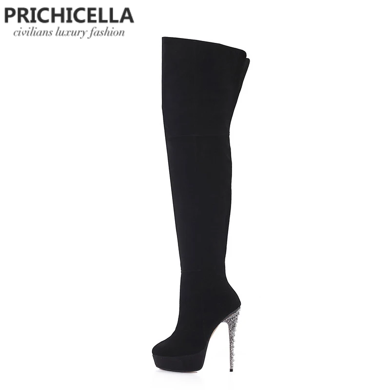 PRICHICELLA/черные замшевые блестящие сапоги до бедра на шпильке и платформе; высокие сапоги из натуральной кожи; size34-42