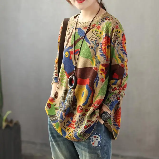 Harajuku топ с животным оленем, женский свитер, пуловер с круглым вырезом, джемпер с длинным рукавом, Весенняя вязаная винтажная Повседневная Верхняя одежда