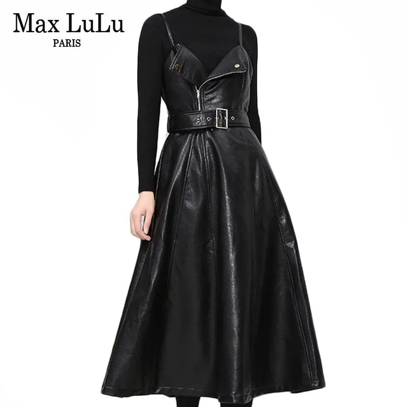 Max LuLu, осенняя модная Корейская одежда, Женская Панк уличная одежда, женские элегантные кожаные платья, винтажное платье без рукавов из искусственной кожи