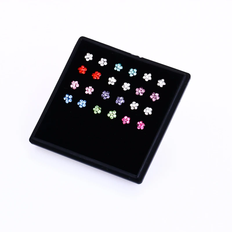 

Flower Crystal Gem Nose Stud Straight 316 Surgical Steel Pin Ring Piercing For Women Girl Bone 24pcs One Box