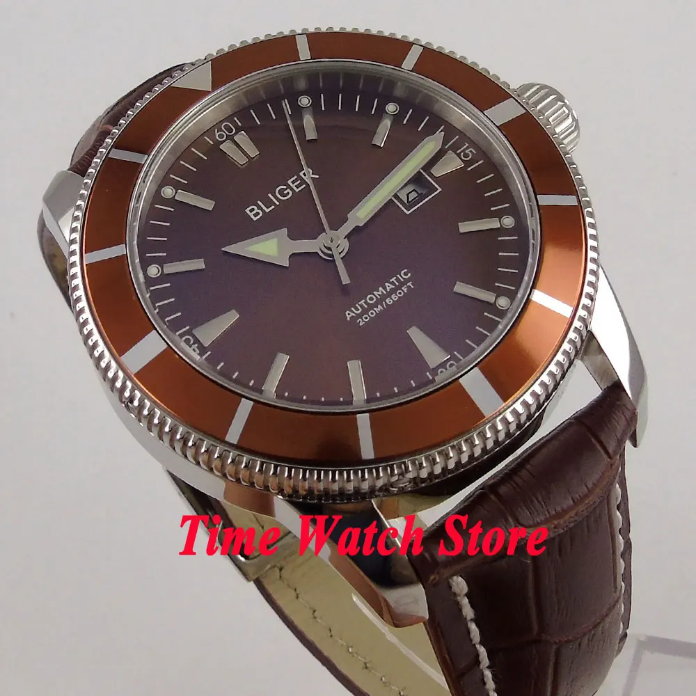 Роскошные Bliger 46 мм кофе циферблат светящийся винт в короне коричневый ободок