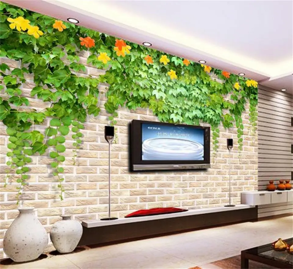 Пользовательские 3d фото обои для гостиной Фреска лист цветок ротанга кирпичная