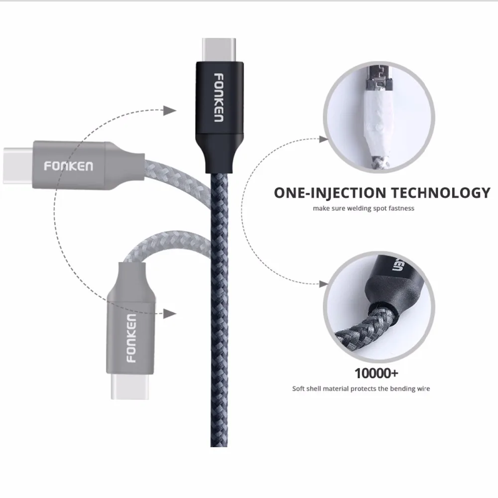 Кабель FONKEN с нейлоновой оплеткой type-C к USB кабель быстрого зарядного устройства 2128AWG 2.4A Быстрая зарядка данных Реверсивный USB C кабель для телефона