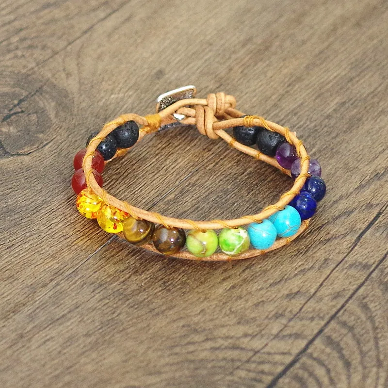 Лава камень бусы 7 Чакра кожаный браслет обертывание Бохо Йога семь Шарм в виде