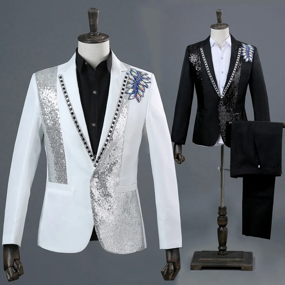 Men's Stage Costume Set Singer Studio Photo Theme Photo Inlay Colorful Diamond Sequins Slim Fit Trousers Two-Piece Set