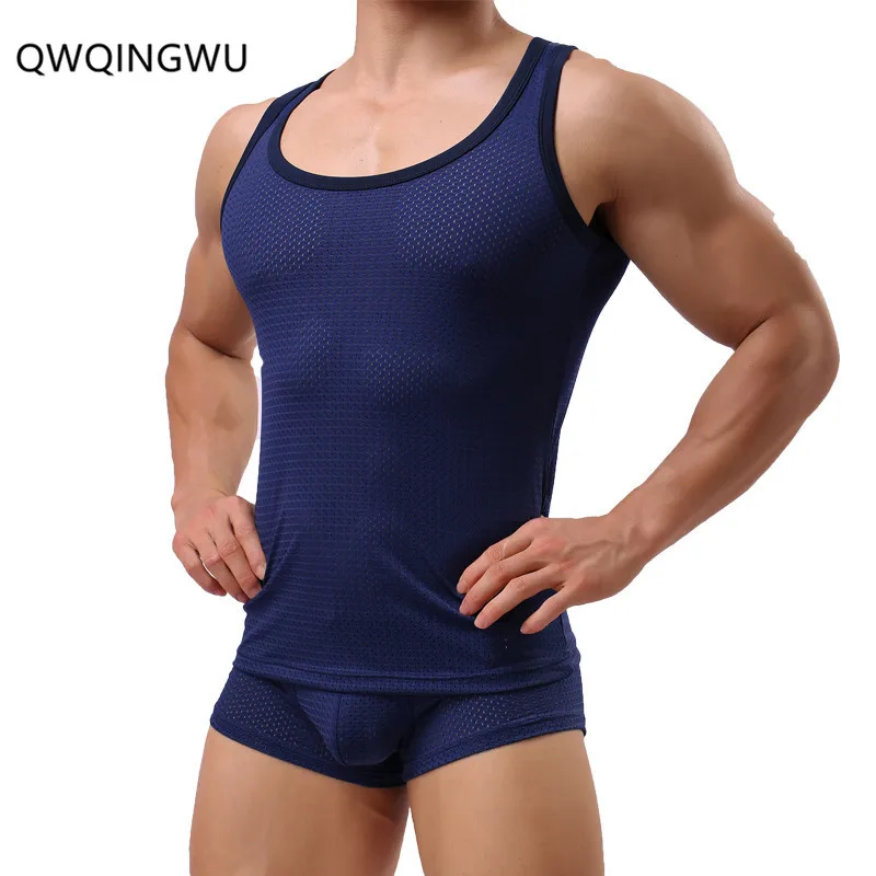 Navy (Only Tops) Мужские майки плотно прилегающий жилет для фитнеса, эластичные майки с круглым вырезом для отдыха, дышащие, впитывающие пот одноцветные майки - Цвет: Navy (Only Tops)