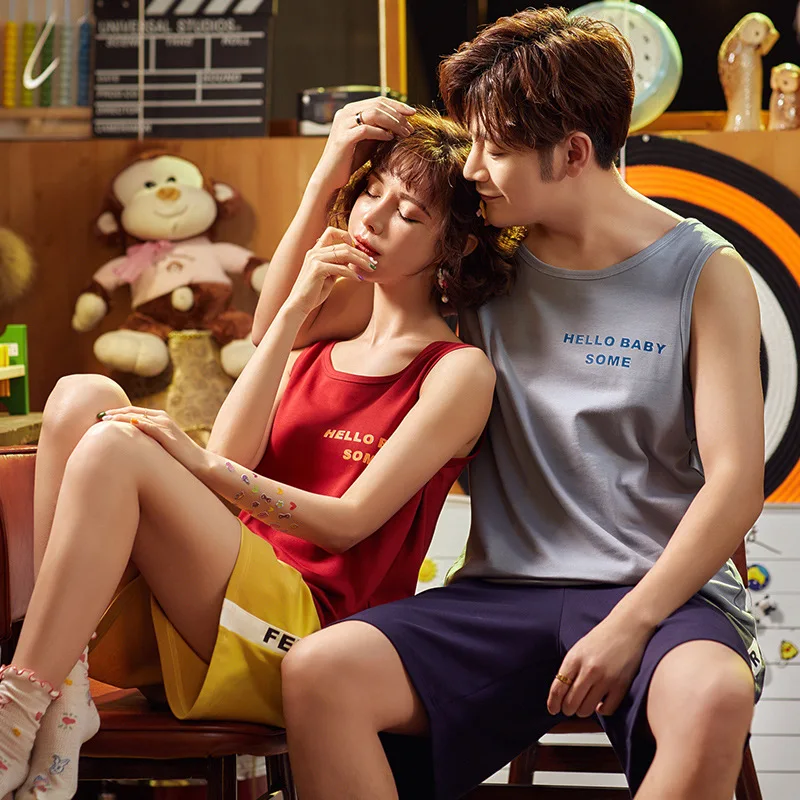 Летний милый Пижамный комплект для влюбленных пар топ на бретелях и шорты