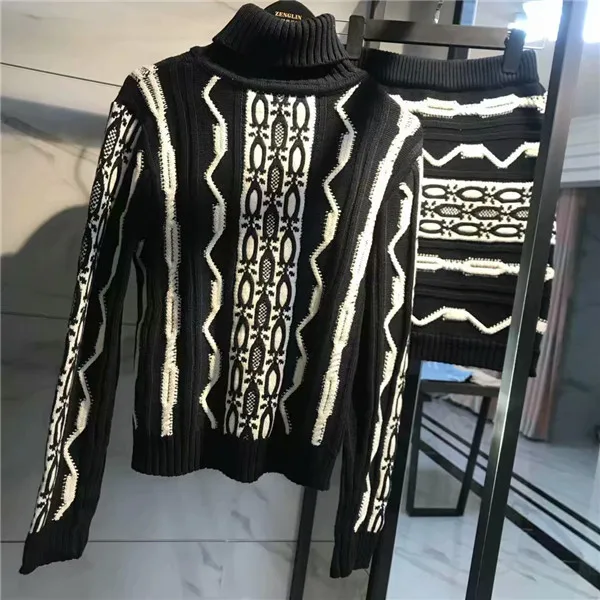 Turtleneck Высококачественный свитер для женщин, дизайнерский бренд, черный, белый цвет, волнистая шерсть, плотный вязаный свитер - Цвет: Turtleneck