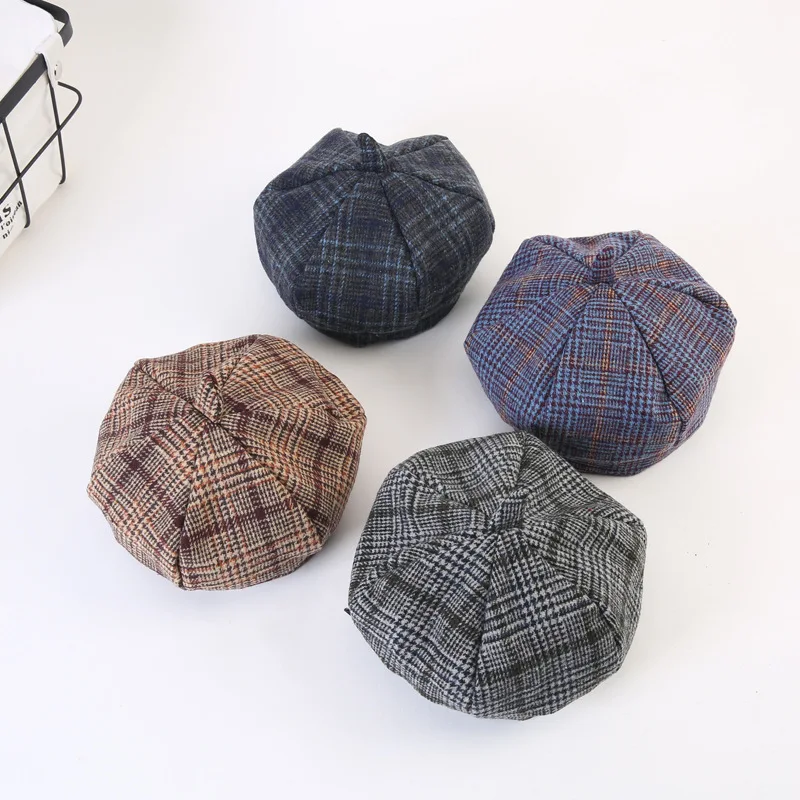 

New Autumn Winter Classic Plaid Beret Hat Caps Children Kids Boys Girls Fashion Woolen Newsboy Artist Cap Korean painter hat